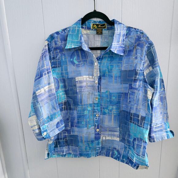 Mirasol Blue Abstract Blouse M – Linen Blend, Classic, Minimalist - Picture 1 of 8